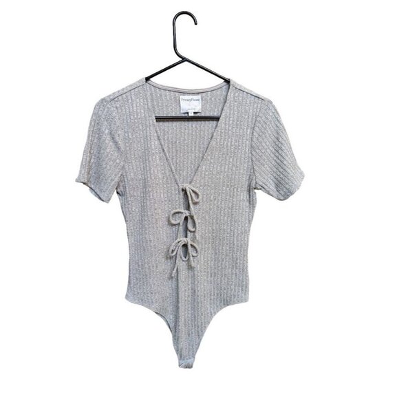 Privacy Please Gray Ribbed Knit Short Sleeve Bodysuit Women's Medium - Picture 1 of 5